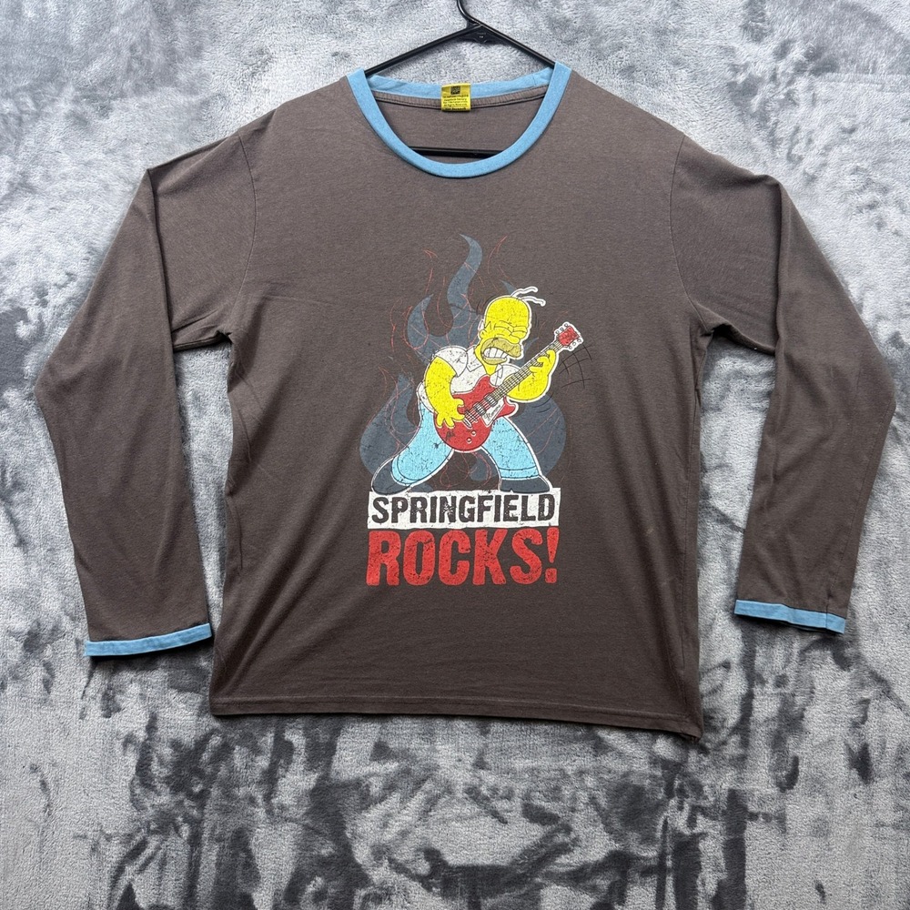 The Simpsons Long Sleeve T-Shirt Mens Small Brown Springfield Rocks Homer Guitar